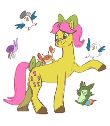 Size: 1438x1642 | Tagged: safe, artist:mayugraffiti, kenneth, posey bloom, bird, crab, earth pony, pegasnail, pony, raccoon, raccoonicorn, snail, g5, bow, female, hair bow, horn, mare, raised hoof, simple background, tail, tail bow, white background, wings