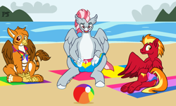 Size: 2070x1246 | Tagged: safe, artist:peregrinstaraptor, oc, oc only, oc:gareth, oc:sunfyre, oc:valour flame, classical hippogriff, griffon, hippogriff, pegasus, pony, butt, clothes, male, plot, pride flag, swimsuit