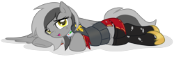 Size: 4248x1392 | Tagged: safe, artist:arshe12, oc, oc only, oc:graeyscale, pegasus, pony, adepta sororitas, armor, base used, bedroom eyes, belly button, clothes, collar, commission, female, high res, leggings, looking at you, lying down, on side, open mouth, open smile, pegasus oc, shock collar, shoes, simple background, slave collar, smiling, smiling at you, socks, solo, spread wings, thigh highs, torn clothes, transparent background, warhammer (game), warhammer 40k, wings, ych result