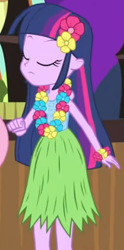Size: 361x727 | Tagged: safe, screencap, twilight sparkle, human, equestria girls, g4, shake your tail, clothes, eyes closed, grass skirt, hula, hulalight, skirt, sleeveless