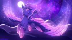Size: 1920x1080 | Tagged: safe, artist:shad0w-galaxy, oc, oc only, oc:shadow galaxy, pegasus, pony, ethereal mane, ethereal tail, ethereal wings, female, flight trail, flying, full moon, gradient hooves, happy, hill, mare, moon, mountain, mountain range, nebula, night, night sky, open mouth, sky, smiling, solo, spread wings, starry eyes, stars, tail, watermark, wingding eyes, wings