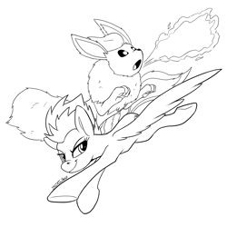 Size: 1500x1500 | Tagged: safe, artist:tsitra360, spitfire, flareon, pegasus, pony, g4, flying, lineart, pokémon