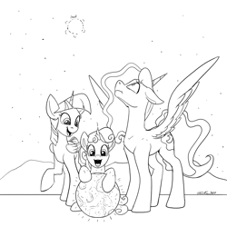 Size: 1500x1500 | Tagged: safe, artist:tsitra360, princess luna, sweetie belle, twilight sparkle, alicorn, pony, unicorn, g4, looking up, monochrome, moon, shrink, spell gone wrong, teleportation, teleportation mishap, twilight sparkle (alicorn)