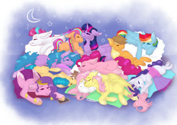 Size: 1280x905 | Tagged: safe, artist:delfinaluther, angel bunny, applejack, fluttershy, hitch trailblazer, izzy moonbow, pinkie pie, pipp petals, rainbow dash, rarity, sunny starscout, twilight sparkle, zipp storm, alicorn, earth pony, pegasus, pony, unicorn, g5, adorapipp, adorazipp, chest fluff, cuddle puddle, cuddling, cute, dashabetes, diapinkes, ear fluff, eyes closed, female, floppy ears, group, hitchbetes, horns, izzybetes, jackabetes, male, mane five (g5), mane six, mare, night, nuzzling, pillow, pony pile, raribetes, shyabetes, sleeping, sleepy, stallion, stars, sunny and her heroine, sunnybetes, twiabetes, twilight sparkle (alicorn), wall of tags, weapons-grade cute, wings