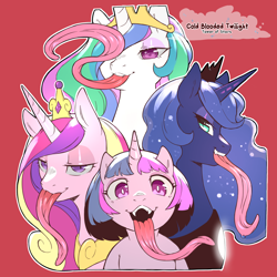 Size: 1200x1200 | Tagged: safe, artist:cold-blooded-twilight, princess cadance, princess celestia, princess luna, twilight sparkle, alicorn, pony, cold blooded twilight, g4, alicorn tetrarchy, bedroom eyes, blushing, crown, eyeshadow, fangs, impossibly long tongue, jewelry, long tongue, looking at you, makeup, open mouth, open smile, peytral, red background, regalia, simple background, slit pupils, smiling, tongue out, twilight sparkle (alicorn)