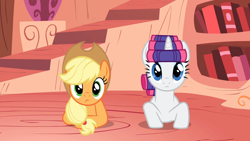 Size: 1920x1080 | Tagged: safe, screencap, applejack, rarity, earth pony, pony, unicorn, g4, look before you sleep, book, bookshelf, concerned, confused, golden oaks library, hair curlers, looking at someone, looking at you, sleepover