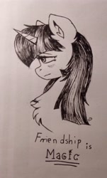 Size: 2212x3651 | Tagged: safe, artist:dreamy990, twilight sparkle, pony, g4, bust, chest fluff, eyebrows, eyebrows visible through hair, female, high res, horn, mare, monochrome, portrait, solo, traditional art