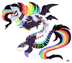 Size: 4373x3884 | Tagged: safe, artist:princessmoonsilver, oc, oc only, oc:cosmic mayhem, draconequus, absurd resolution, bat wings, donut steel, draconequus oc, ear piercing, earring, grin, jewelry, multicolored hair, nose piercing, nose ring, piercing, rainbow hair, rainbow tail, signature, simple background, smiling, solo, spread wings, tail, transparent background, wings