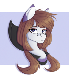 Size: 1728x1920 | Tagged: safe, artist:tanatos, oc, oc only, oc:alvia, pony, bust, eye clipping through hair, eyebrows, eyebrows visible through hair, eyeshadow, female, frown, glasses, looking at you, makeup, mare, portrait, simple background, solo