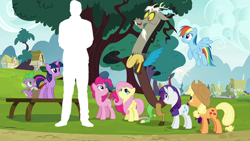 Size: 640x360 | Tagged: safe, edit, edited screencap, screencap, applejack, discord, fluttershy, pinkie pie, rainbow dash, rarity, spike, starlight glimmer, twilight sparkle, alicorn, draconequus, dragon, earth pony, human, pegasus, pony, unicorn, g4, season 5, what about discord?, applejack's hat, binoculars, cowboy hat, female, hat, headcanon, height difference, irl, irl human, male, mane seven, mane six, mare, photo, ponyville, size comparison, speculation, tree, twilight sparkle (alicorn)