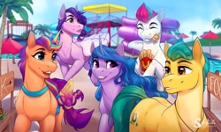 Size: 4096x2458 | Tagged: safe, artist:silentwulv, hitch trailblazer, izzy moonbow, pipp petals, sunny starscout, zipp storm, alicorn, earth pony, pegasus, pony, unicorn, g5, beach umbrella, blue sky, braid, digital art, eating, eyes closed, female, folded wings, food, french fries, hay fries, horn, looking at each other, looking at someone, male, mane five, mare, multicolored hair, open mouth, open smile, palm tree, race swap, slide, smiling, smiling at each other, stallion, sunnycorn, swimming pool, tree, water, water park, water slide, wings