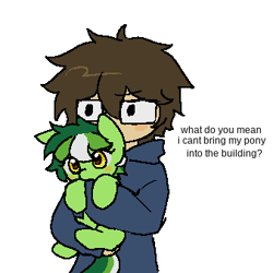 Size: 338x338 | Tagged: safe, artist:polunz, oc, oc:lime sweet, earth pony, human, pony, glasses, green, green hair, meme, self insert, simple background, text, tiny, tiny ponies, white background, yellow eyes