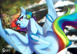 Size: 4000x2800 | Tagged: safe, artist:silentwulv, rainbow dash, pegasus, pony, g4, butt, eyebrows, falling, female, flying, high res, mare, plot, signature, smiling, solo, spread legs, spread wings, spreading, wings