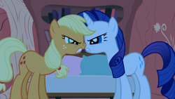 Size: 1920x1080 | Tagged: safe, screencap, applejack, rarity, earth pony, pony, unicorn, g4, look before you sleep, season 1, angry, cute, duo, duo female, eye contact, female, frown, glare, golden oaks library, gritted teeth, jackabetes, looking at each other, looking at someone, madorable, mare, now kiss, raribetes, staredown, teeth