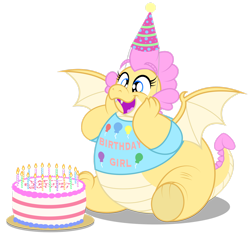 Size: 1920x1838 | Tagged: safe, artist:aleximusprime, oc, oc only, oc:buttercream, oc:buttercream the dragon, dragon, birthday, birthday cake, cake, candle, clothes, dragon oc, dragoness, fat, female, food, hands on cheeks, hat, non-pony oc, open mouth, party hat, shirt, simple background, sitting, solo, spread wings, transparent background, wings
