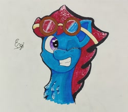 Size: 1814x1596 | Tagged: safe, artist:engi, oc, oc only, oc:engi, pegasus, pony, chest fluff, goggles, looking at you, one eye closed, pegasus oc, simple background, smiling, solo, traditional art, wink, winking at you