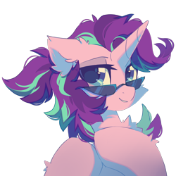 Size: 1600x1600 | Tagged: safe, artist:mirtash, starlight glimmer, pony, unicorn, collaboration:choose your starlight, bust, chest fluff, collaboration, ear fluff, eye clipping through hair, female, lidded eyes, looking at you, mare, simple background, solo, sunglasses, transparent background