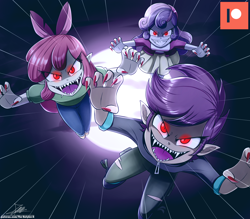 Size: 1960x1720 | Tagged: safe, artist:the-butch-x, apple bloom, scootaloo, sweetie belle, human, undead, vampire, equestria girls, g4, cutie mark crusaders, fangs, female, flying, open mouth, patreon, patreon logo, red eyes, sharp nails, sharp teeth, teeth, trio, trio female