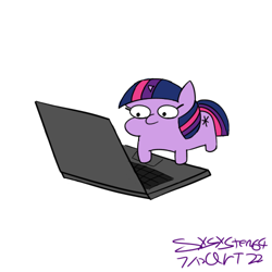 Size: 500x500 | Tagged: safe, artist:ideletedsystem64, twilight sparkle, pony, unicorn, g4, computer, female, filly, foal, horn, laptop computer, mare, signature, simple background, small horn, solo, squatpony, twiggie, unicorn twilight, white background