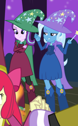 Size: 902x1449 | Tagged: safe, artist:succubi samus, edit, apple bloom, starlight glimmer, trixie, human, equestria girls, g4, bush, cape, clothes, clothes swap, cropped, crossed arms, duo, duo female, female, hat, screenshots, tree, trixie's cape, trixie's hat, wand, witch, witch costume, witch hat