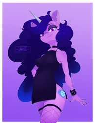 Size: 1593x2048 | Tagged: safe, artist:mindlessnik, artist:mindlesssketching, izzy moonbow, unicorn, anthro, g5, black nail polish, bracelet, choker, clothes, dress, ear piercing, earring, eyebrows, eyebrows visible through hair, eyeshadow, female, fishnet stockings, goth, goth izzy, gradient background, jewelry, lip piercing, looking at you, looking down, makeup, nail polish, piercing, signature, solo