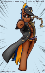 Size: 1000x1600 | Tagged: safe, artist:hiddelgreyk, oc, oc only, semi-anthro, arm hooves, atg 2022, belt, belt buckle, bipedal, brown coat, clothes, cosplay, costume, green eyes, hat, jacket, jojo pose, jojo reference, jojo's bizarre adventure, jotaro kujo, looking at you, newbie artist training grounds, pointing, pointing at you, simple background, solo, standing on two hooves