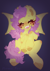 Size: 2800x3945 | Tagged: safe, artist:permafox, fluttershy, bat pony, pony, g4, blushing, cute, eyes closed, flutterbat, high res, looking at you, open mouth, race swap, shyabates, shyabetes, smiling, smiling at you, solo