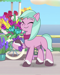 Size: 1536x1944 | Tagged: safe, screencap, dahlia, earth pony, pony, g5, my little pony: tell your tale, neighfever, spoiler:g5, spoiler:my little pony: tell your tale, spoiler:tyts01e16, adordahlia, cropped, cute, eyes closed, female, flower, happy, mare, smiling, solo