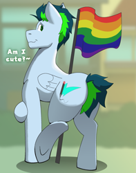 Size: 1403x1777 | Tagged: safe, artist:brushwork, oc, oc only, oc:lucky spark, pegasus, pony, blurry background, butt, colored pupils, dialogue, eyebrows, feathered wings, folded wings, gay pride flag, looking at you, looking back, looking back at you, male, plot, pride, pride flag, smiling, smiling at you, solo, stallion, talking to viewer, underhoof, wings