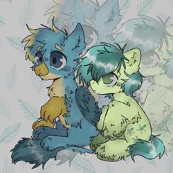 Size: 640x640 | Tagged: safe, artist:sandbarx3, gallus, sandbar, earth pony, griffon, pony, turtle, g4, cute, duo, duo male, fluffy, gallabetes, male, sandabetes, sitting