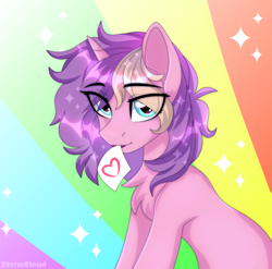 Size: 2500x2469 | Tagged: safe, artist:stesha, oc, oc only, oc:lilac clime, pony, unicorn, blue eyes, bust, cute, female, high res, horn, looking at you, mare, rainbow background, sitting, solo, trade