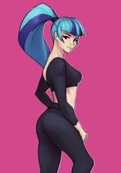 Size: 2854x4077 | Tagged: safe, artist:aquaticvibes, sonata dusk, human, g4, ass, breasts, butt, female, high res, humanized, midriff, outline, pink background, reasonably sized breasts, simple background, solo, white outline