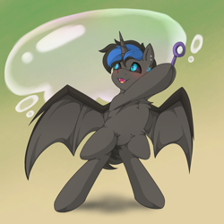 Size: 2048x2048 | Tagged: safe, artist:nanazdina, oc, oc only, oc:umbra nights, bat pony, pony, bipedal, black sclera, bubble, bubble wand, commission, high res, solo, ych result