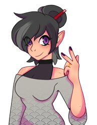 Size: 519x671 | Tagged: safe, artist:raya, oc, oc only, oc:rocky karst, human, elf ears, female, humanized, humanized oc, peace sign, simple background, solo, transparent background