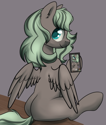 Size: 2200x2600 | Tagged: safe, artist:dumbwoofer, oc, oc:forest air, pegasus, pony, blank flank, cellphone, female, filly, foal, high res, looking at you, looking back, looking back at you, phone, recursion, selfie, simple background, sitting, smartphone, smiling, solo, spread wings, table, wings