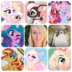 Size: 800x800 | Tagged: safe, artist:emberslament, artist:maren, izzy moonbow, sunset shimmer, oc, oc:bay breeze, deer, human, pegasus, pony, unicorn, g5, art vs artist, bow, female, filly, flower, flower in hair, foal, hair bow, heart, heart eyes, mare, wingding eyes