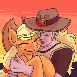 Size: 1500x1500 | Tagged: safe, artist:snail-speed, applejack, earth pony, human, pony, g4, anime, cheek kiss, crossover, crossover shipping, female, hol horse, holjack, human male, interspecies, jojo's bizarre adventure, kissing, male, mare, shipping, straight