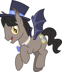 Size: 1756x2044 | Tagged: safe, artist:sketchmcreations, eleventh hour, bat pony, g4, bat wings, bowtie, collar, doctor who, ear fluff, eleventh doctor, fangs, flying, hat, male, matt smith, morbius, open mouth, raised hoof, reference, simple background, smiling, solo, species swap, stallion, top hat, transparent background, vector, voice actor joke, wings