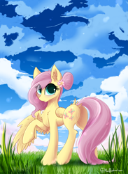 Size: 7087x9664 | Tagged: safe, artist:muffinkarton, fluttershy, pegasus, pony, g4, absurd file size, absurd resolution, butt, cute, eye clipping through hair, female, flower, flower in hair, flutterbutt, looking back, mare, one wing out, plot, raised hoof, rear view, shyabetes, signature, solo, wings