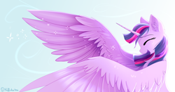 Size: 9448x4961 | Tagged: safe, artist:muffinkarton, twilight sparkle, alicorn, pony, 2020, absurd file size, absurd resolution, crying, ear fluff, eyes closed, female, large wings, laughing, mare, old art, profile, solo, tears of joy, tears of laughter, teary eyes, twilight sparkle (alicorn), wind, wings
