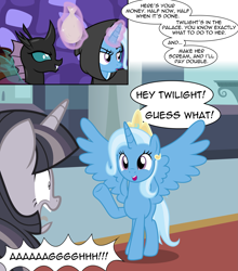 Size: 2705x3076 | Tagged: safe, artist:badumsquish-edits, derpibooru exclusive, edit, editor:wardex101, ocellus, trixie, twilight sparkle, alicorn, changeling, pony, unicorn, g4, 2 panel comic, alicornified, alley, bag, big no, canterlot, canterlot castle, comic, crown, cutie mark, dialogue, discorded, discorded twilight, disguise, disguised changeling, duo, evil smile, fangs, grin, high res, hood, hooded cape, jewelry, magic, money, money bag, palace, prank, pre changedling ocellus, purple changeling, race swap, regalia, screaming, show accurate, smiling, spread wings, telekinesis, trixiecorn, trollxie, twilight tragedy, waving, wings