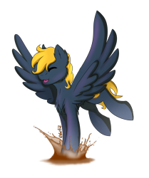 Size: 1534x1835 | Tagged: safe, artist:noxi1_48, oc, oc only, oc:osteen, pegasus, pony, eyes closed, happy, jumping, open mouth, open smile, pegasus oc, puddle, signature, simple background, smiling, solo, splash, splashing, spread wings, transparent background, wings