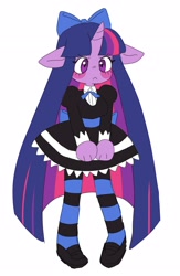 Size: 1700x2600 | Tagged: safe, artist:exxi00, twilight sparkle, unicorn, anthro, g4, :<, anarchy stocking, bow, clothes, dress, equine, floppy ears, gothic lolita, hair bow, lolita fashion, long hair, panty and stocking with garterbelt, parody, simple background, skirt, socks, solo, stockinglight, stockings, striped socks, striped stockings, thigh highs, unicorn twilight, white background