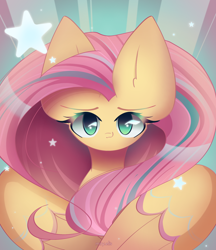 Size: 1900x2200 | Tagged: safe, artist:miryelis, fluttershy, pegasus, pony, g4, big ears, colored wings, cute, daaaaaaaaaaaw, female, impossibly large ears, long hair, looking at you, rainbow power, shyabetes, smiling, solo, stars, wings