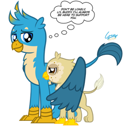 Size: 1280x1280 | Tagged: safe, artist:gregory-the-griffon, gallus, oc, oc:peter, griffon, g4, chickub, duo, fanfic art, griffon oc, hug, male, no eyelashes, requested art, simple background, speech bubble, story in the source, transparent background, winghug, wings