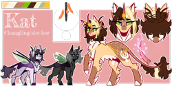 Size: 1158x580 | Tagged: safe, artist:kat-the-true-kitkat, oc, changeling queen, pony, changeling queen oc, female, glowing, glowing horn, horn, mare, reference sheet, simple background, transparent background