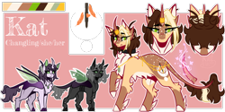 Size: 1158x580 | Tagged: safe, artist:kat-the-true-kitkat, oc, changeling, changeling queen, pony, changeling queen oc, female, glowing, glowing horn, horn, mare, reference sheet, simple background, transparent background