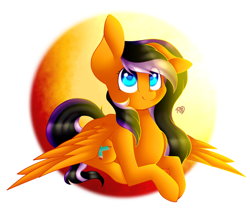 Size: 1600x1400 | Tagged: safe, alternate version, artist:prettyshinegp, oc, oc only, oc:sunrise, pegasus, pony, abstract background, commission, female, lying down, mare, one ear down, pegasus oc, prone, smiling, solo, ych result