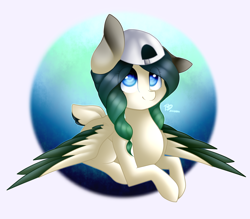 Size: 1600x1400 | Tagged: safe, artist:prettyshinegp, oc, oc only, pegasus, pony, abstract background, backwards ballcap, baseball cap, cap, colored wings, commission, female, hat, lying down, mare, pegasus oc, prone, smiling, solo, two toned wings, wings, ych result