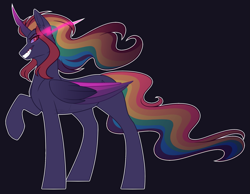Size: 2317x1798 | Tagged: safe, artist:purplegrim40, oc, oc only, alicorn, pony, alicorn oc, black background, evil grin, grin, horn, multicolored hair, offspring, parent:king sombra, parent:rainbow dash, parents:sombradash, rainbow hair, raised hoof, simple background, smiling, solo, sombra eyes, wings